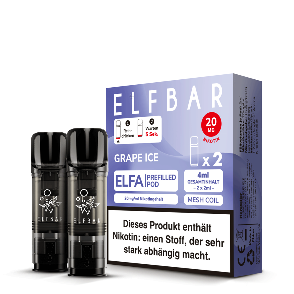 elfbar elfergy ice geschmack ELFA Grape 20mg Nikotin 2er Pack E zigarette Elfbar Max Refill Container apple Sorte:PEACH ICE