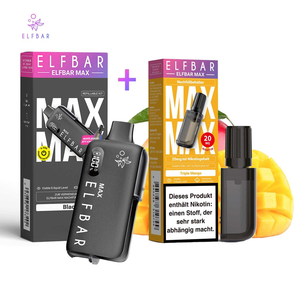 elfbar max pod wechseln Paket] Black Kit + Tripple Mango Flavour_Lemonade vape mit pods Flavour:Blueberry Elfbar Max Anleitung: Pod
