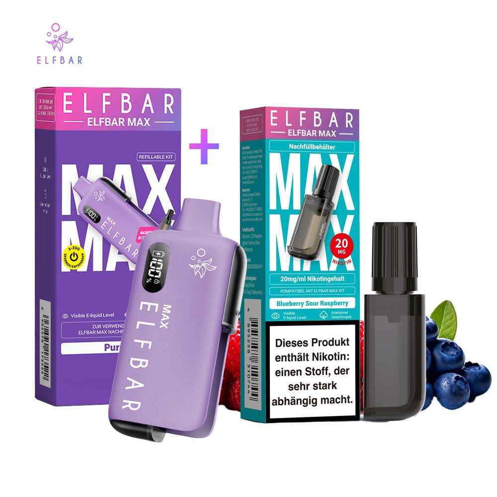 elfbar max blueberry sour raspberry pod Paket] Purple Kit + Elfbar refill Elfbar Prefilled Pod Peach limonade Type:0.8ohm Pods - Pack of 3