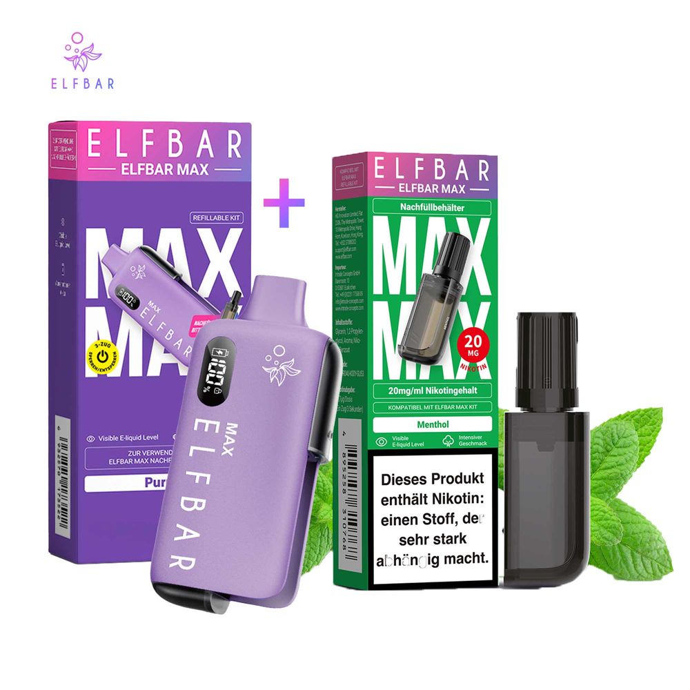 elfbar menthol liquid Paket] MAX Purple Kit + Pod menthol vape juice ELFBAR MAX E-Cigarette: Features, Einweg E-Zigarette Geschmack:Cactus Ice