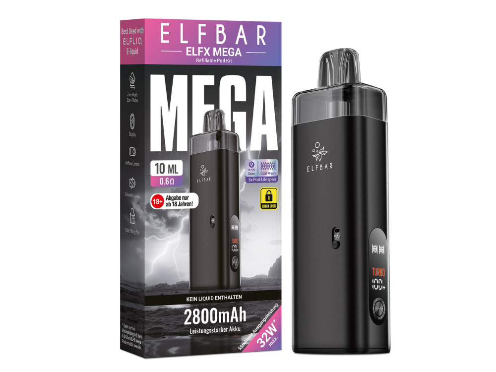 elfbar liquid gerät ELFX Mega Pod Kit - 2800 mAh Colour_Black elfbar zum nachfüllen Flavors::Grape Elfbar Max kaufen: –