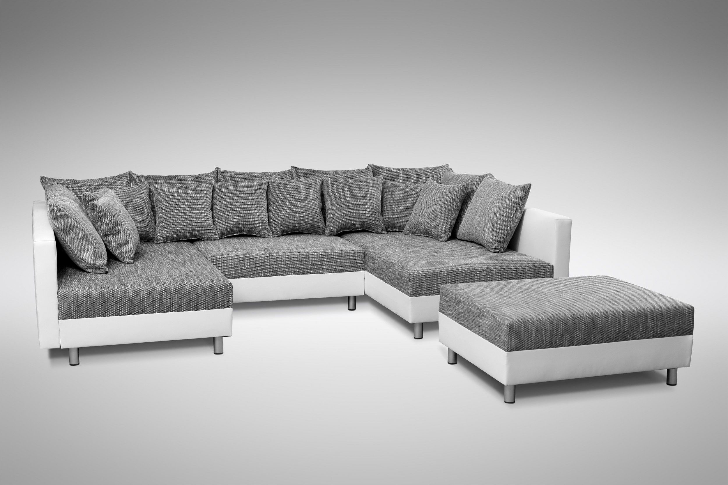 Wohnlandschaft Sofa Couch Ecksofa Eckcouch + Hocker weiß / hellgrau Minsk XXL