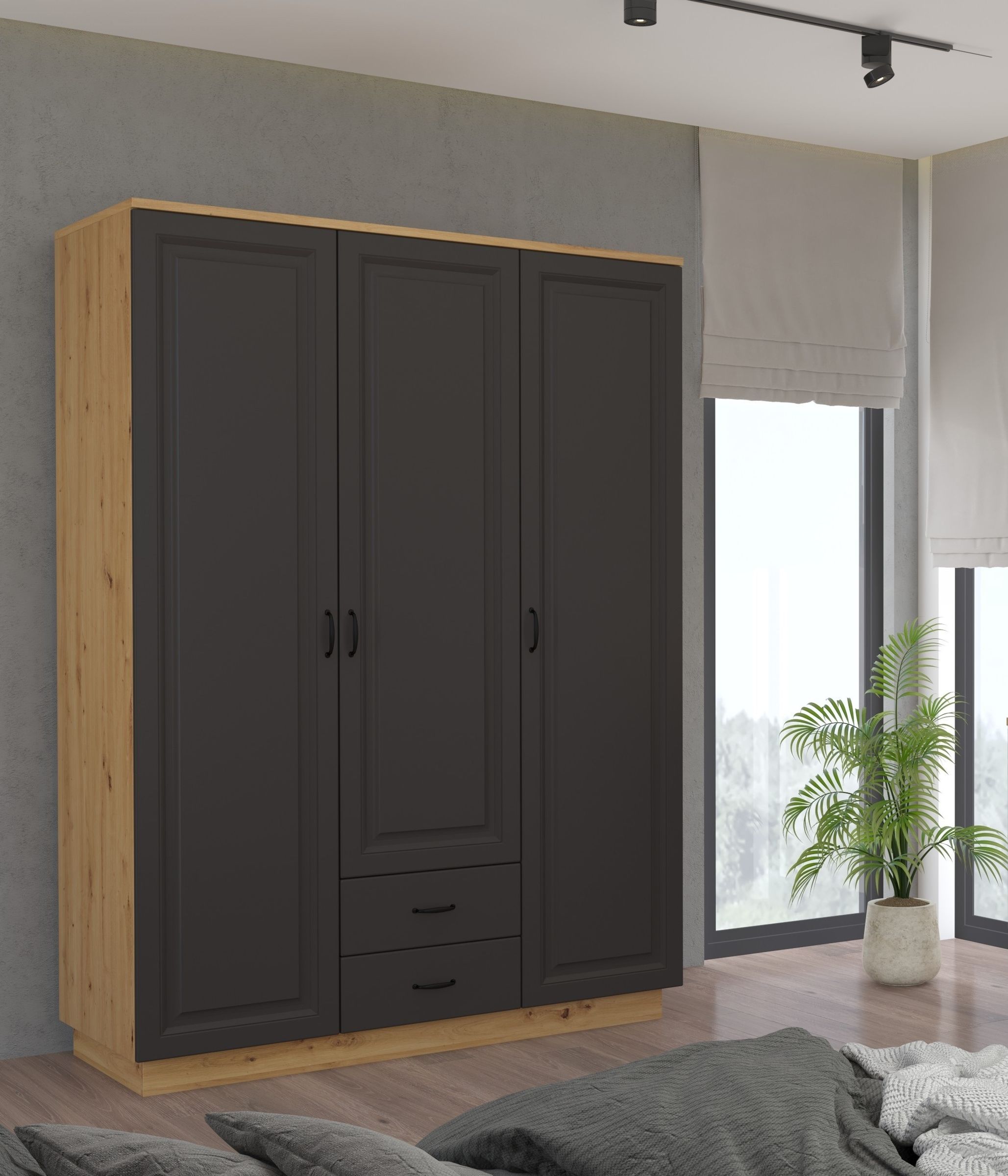Kleiderschrank Stilo 180 cm Garderobenschrank Landhaus Grau Eiche Artisan Buffet