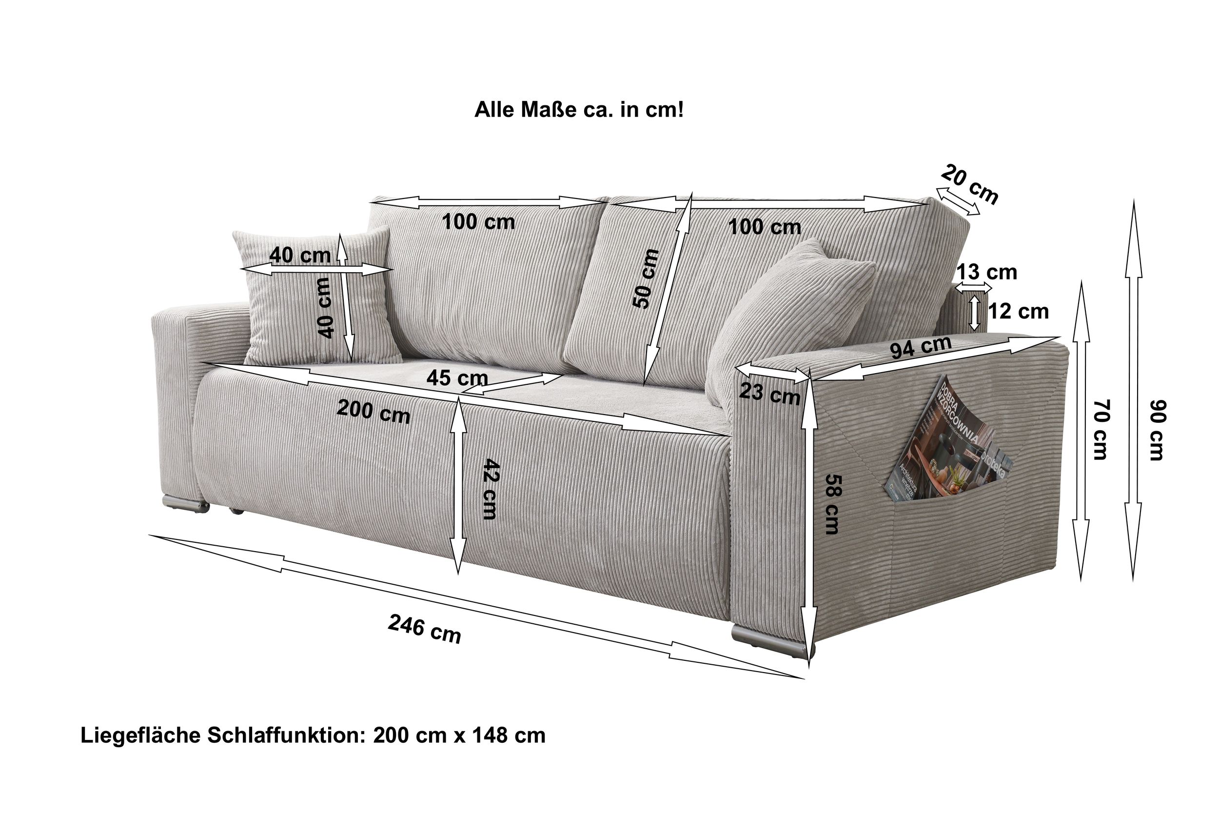 Sofa Couch Schlafsofa Wohnlandschaft Schlaffunktion 3-Sitzer Lincoln Cord Bezug