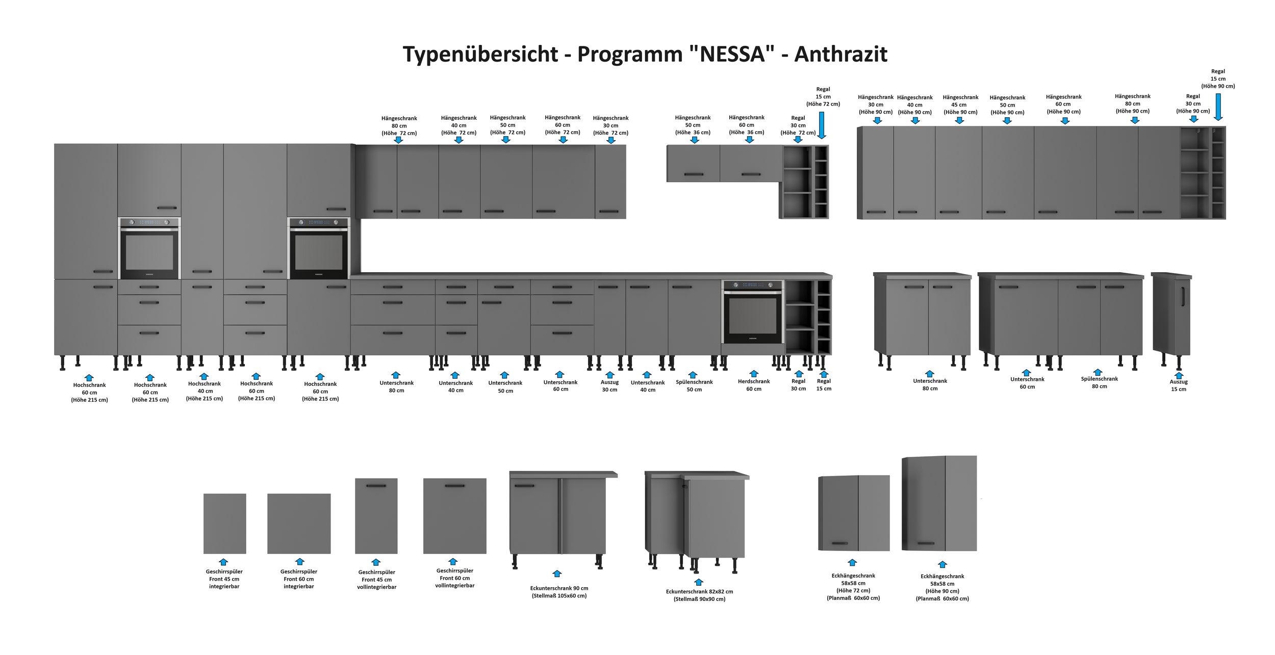 Küche NESSA Unterschrank 40 cm Anthrazit Küchenzeile Küchenblock Einbauküche