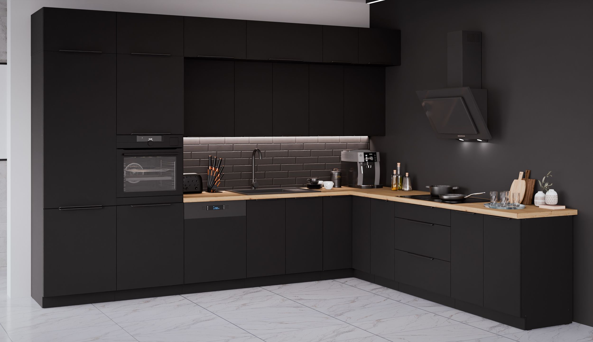 Winkelküche SIENA 350x290 cm Küchenzeile Eckküche Küche Schwarz matt XL Stauraum
