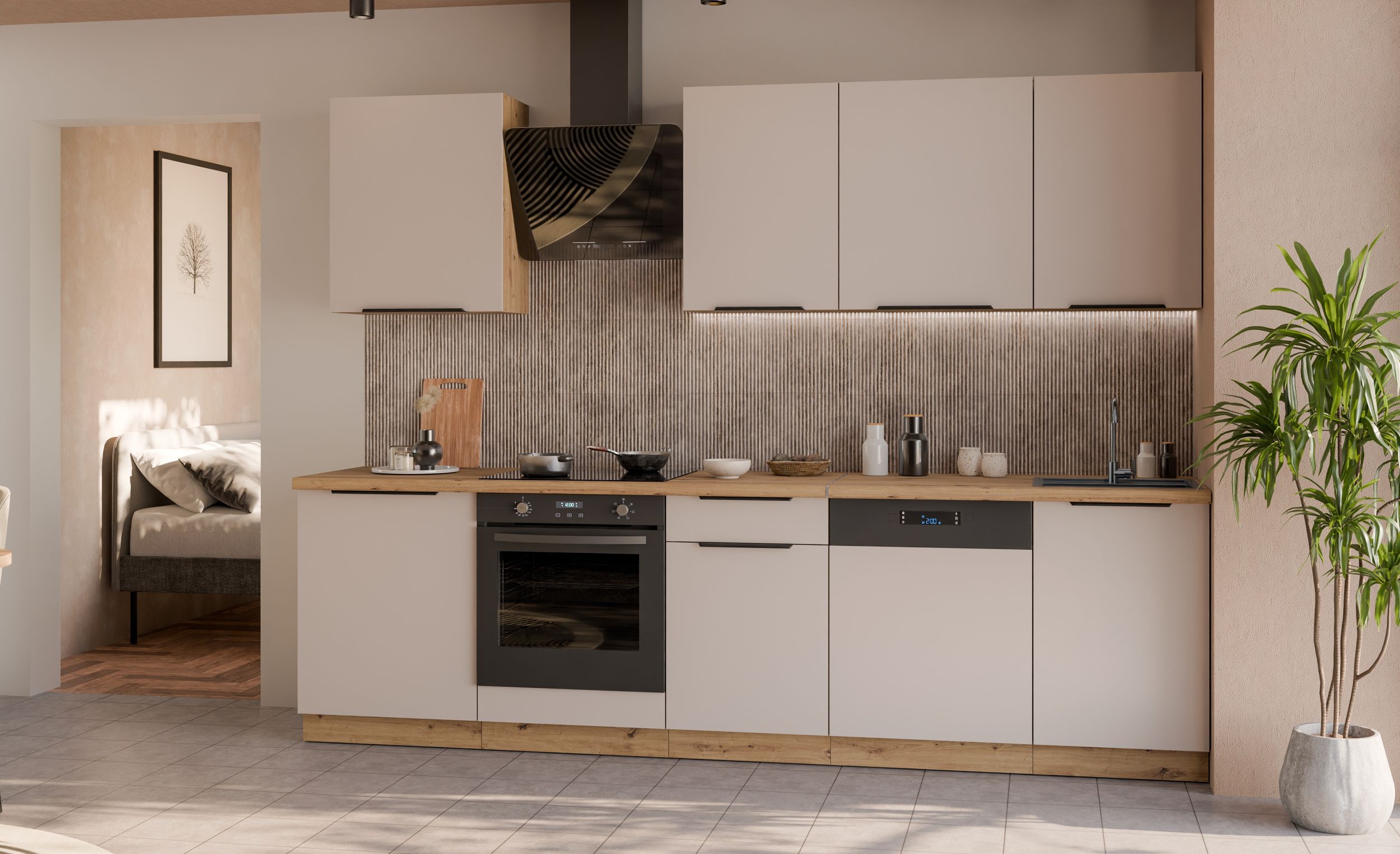 Küche SOLANO BASIC 280 cm Küchenzeile Küchenblock Einbauküche Kaschmir beige matt + Eiche Artisan matt