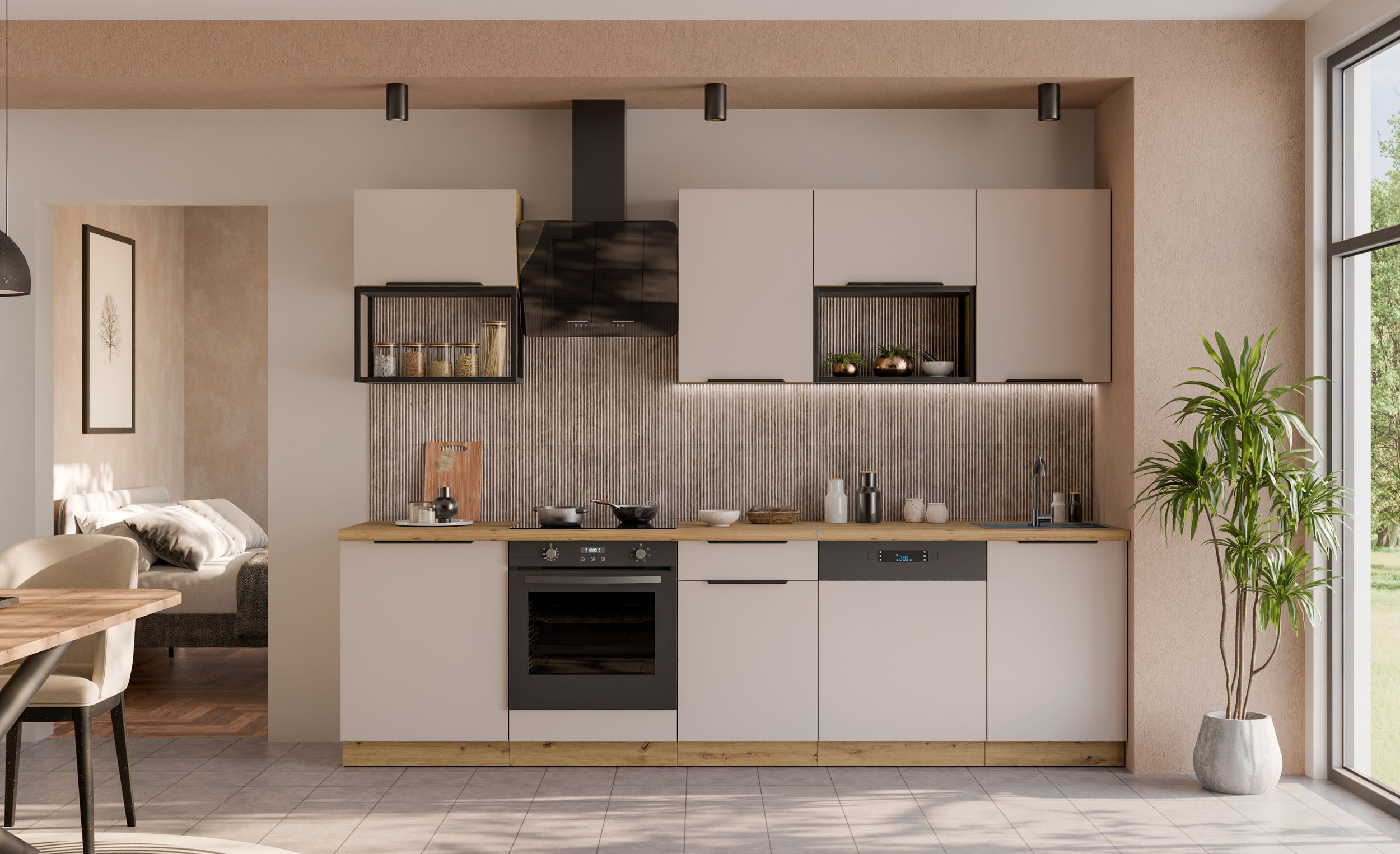 Küche SOLANO BASIC LOFT 280 cm Küchenzeile Küchenblock Einbauküche Kaschmir beige matt + Eiche Artisan matt
