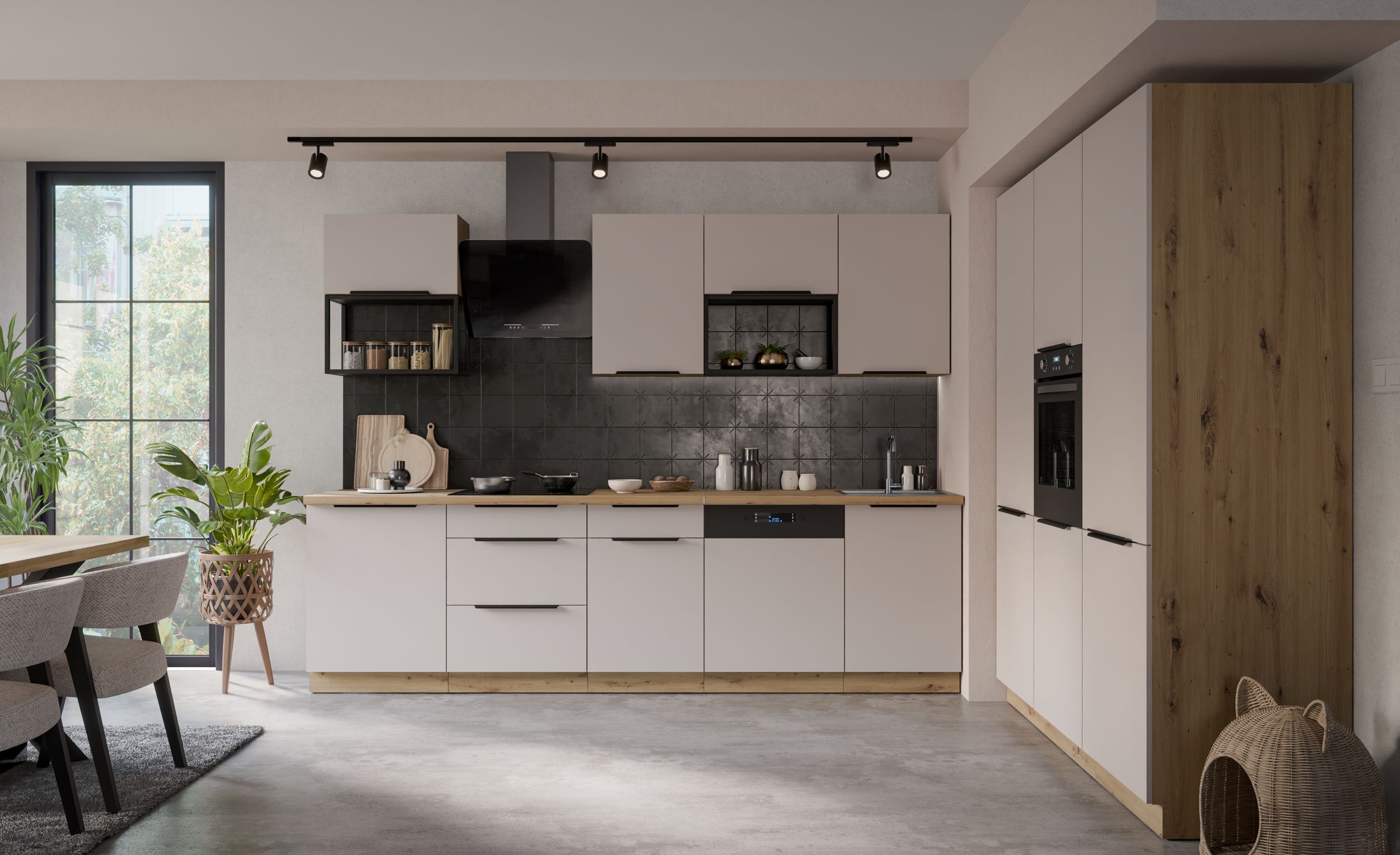 Küche SOLANO LOFT 280 + 180 cm Küchenzeile Küchenblock Einbauküche Kaschmir beige matt + Eiche Artisan matt