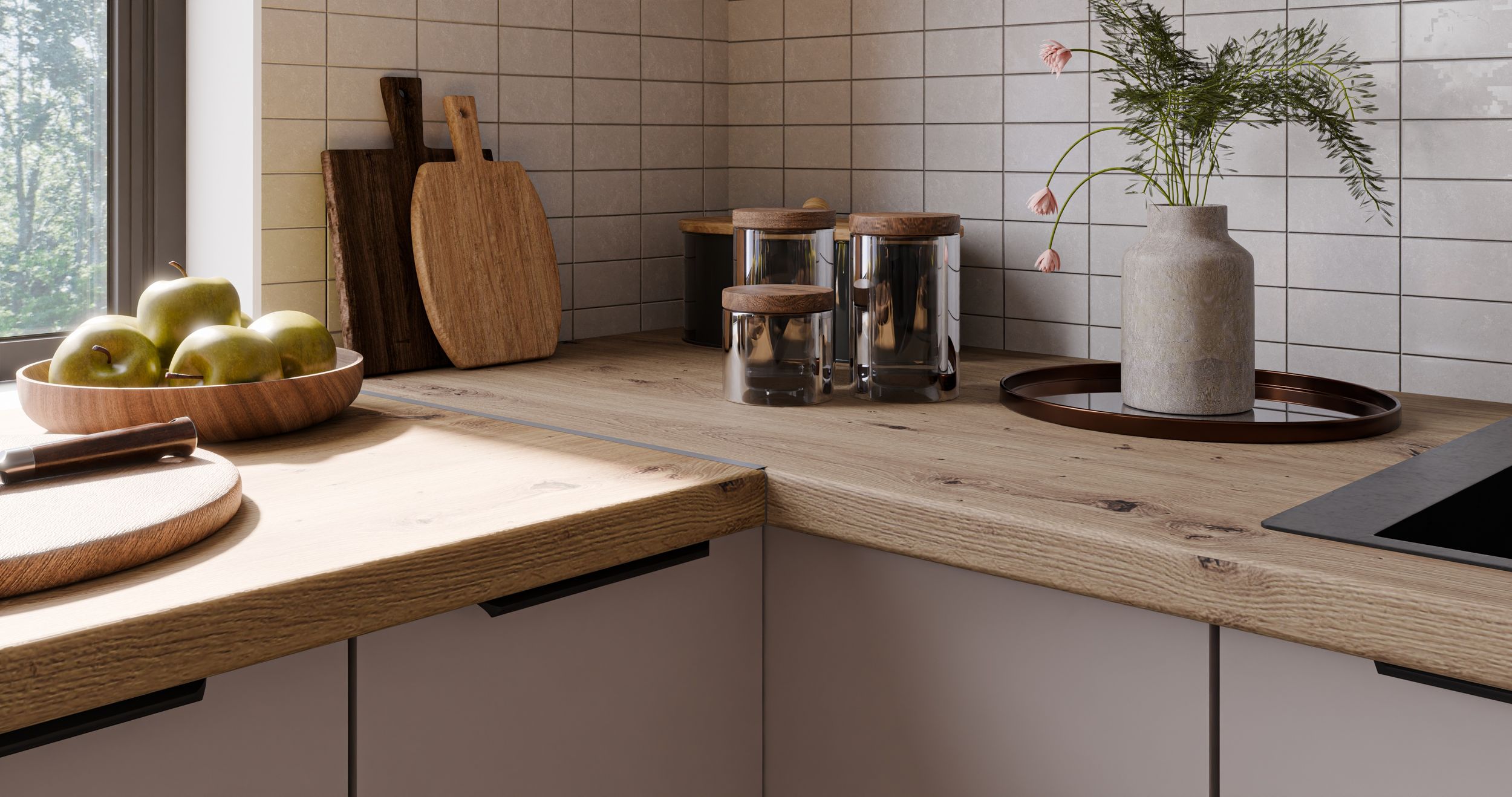 Winkelküche SOLANO 290x350 cm Küchenzeile Eckküche Einbauküche Küche Kaschmir beige matt + Eiche Artisan matt
