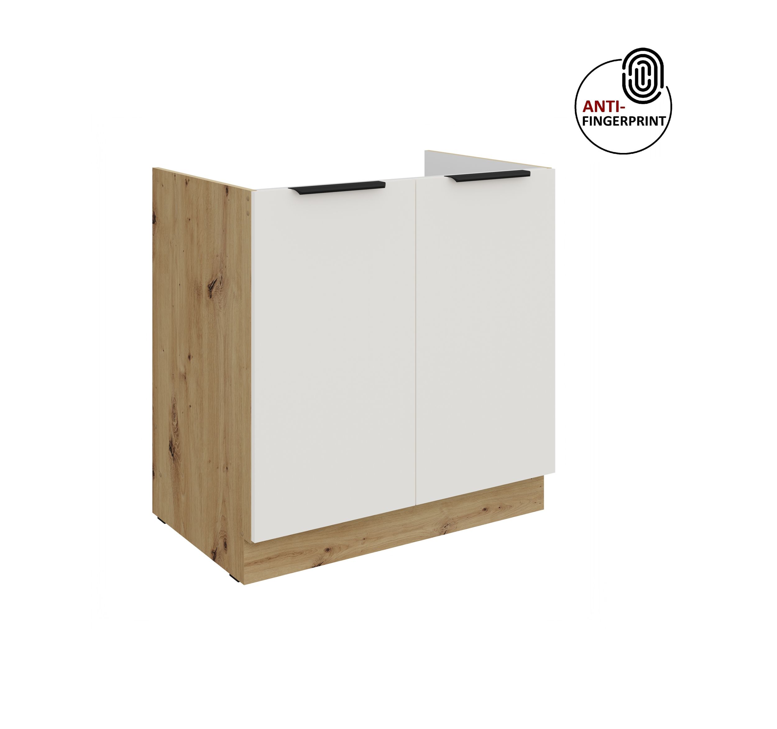 Küchen Spülenunterschrank 80 cm Küche ARIA Weiss ultra matt + Eiche Artisan matt, hochwertige Fronten mit Anti Fingerprint Beschichtung Küchenzeile Küchenblock