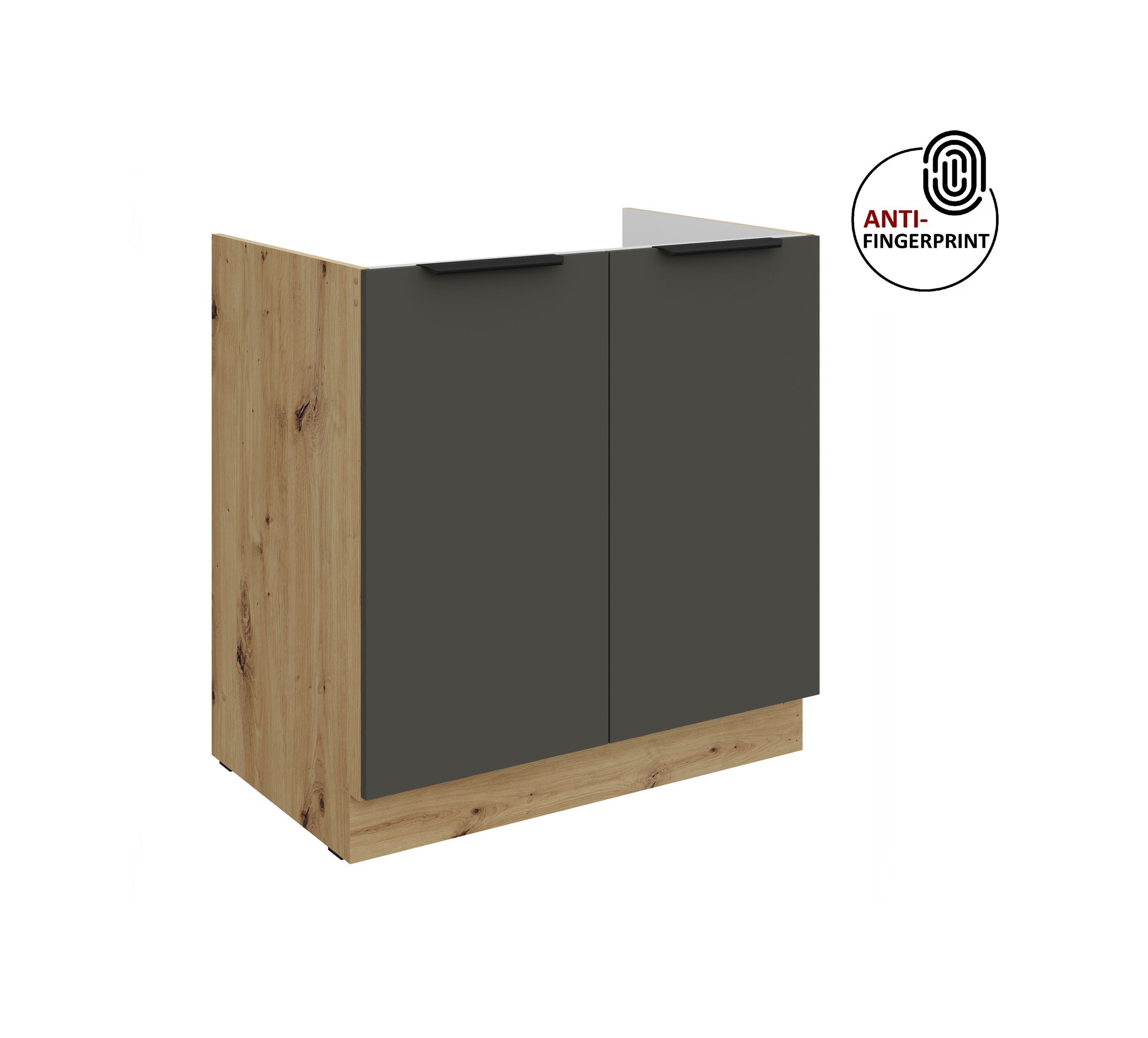 Küchen Spülenunterschrank 80 cm Küche ARIA Graphite ultra matt + Eiche Artisan matt, hochwertige Fronten mit Anti Fingerprint Beschichtung Küchenzeile Küchenblock