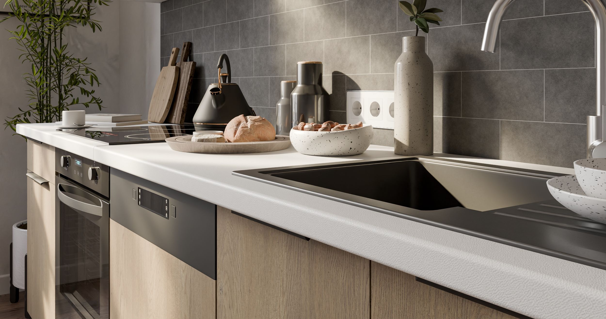 Küche CREMONA Basic 250 cm Eiche hell Küchenzeile Küchenblock Singleküche Einbauküche