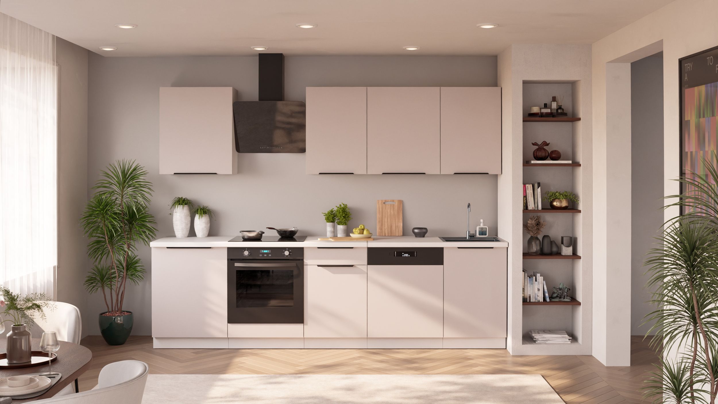 Küche COMO BASIC 280 cm Küchenzeile Küchenblock Einbauküche Kaschmir beige matt + Weiß matt