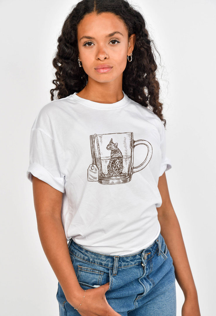 Cyroline Frauen  Print-T-Shirt Katze Tee Tasse weiß schwarz mit Siebdruck