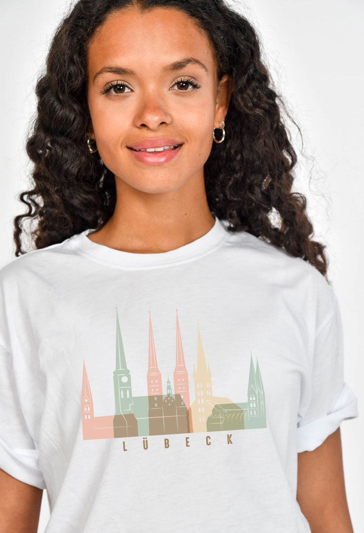 Cyroline Frauen Print-T-Shirt Lübeck Pastell Skyline