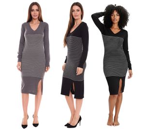 Robe pull AjC pour femme, robe midi à rayures, robe tricotée en gris, noir ou bleu