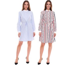 DELMAO women's cotton dress, mini dress, striped long-sleeved dress, blouse dress, white/blue or white/blue/red