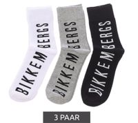 3 pairs of BIKKEMBERGS men's tennis socks with brand lettering, cotton socks, white/black/grey/blue