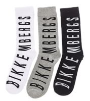 3 pairs of BIKKEMBERGS men's tennis socks with brand lettering, cotton socks, white/black/grey/blue