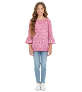 KIDSWORLD girls' summer shirt T-shirt with trumpet sleeves and all-over floral print round neck shirt 89497546 pink