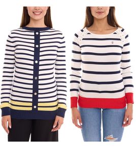 Chemise manches longues femme DELMAO, sweat col rond rayé avec laçage ou boutons bleu/blanc/rouge ou bleu/blanc