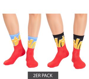 2 Paar TASTIQ Baumwoll-Socken mit Pommes-Print lange Strümpfe in stylischer Pommestüten-Geschenkbox TAS/1/CSX2/FRI Rot/Gelb/Schwarz/Hellblau