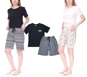 CINQUE cotton pajamas shorts round neck shirt for women in pink/white, black/white or for men in black/white Men black/grey