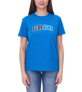 T-shirt pour femme avec grand imprimé GR63 et logo George Russell Mercedes-Benz AMG Petronas F1 MAPF1 FW en coton 701222313 001 Bleu