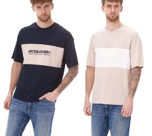 Chemise à col rond pour homme JACK & JONES Chemise en coton T-shirt à manches courtes 12258883 Beige/Blanc ou Bleu foncé/Beige