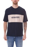Chemise à col rond pour homme JACK & JONES Chemise en coton T-shirt à manches courtes 12258883 Beige/Blanc ou Bleu foncé/Beige