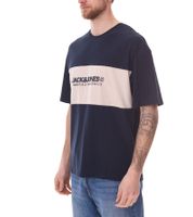 Chemise à col rond pour homme JACK & JONES Chemise en coton T-shirt à manches courtes 12258883 Beige/Blanc ou Bleu foncé/Beige