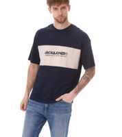 Chemise à col rond pour homme JACK & JONES Chemise en coton T-shirt à manches courtes 12258883 Beige/Blanc ou Bleu foncé/Beige
