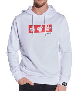 Sweat à capuche pour homme COURSE Mickey avec imprimé main de Mickey et patch Pull à capuche en coton 4845 Blanc