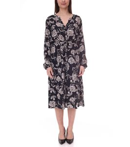 Tamaris women's midi dress with long sleeves, woven dress with V-neck 28185858 black/beige