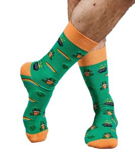 1 pair of Moustard St. Patrick's men's cotton socks with rainbow and gold pot all-over print patterned long socks 17S-SPATR green/orange/white