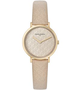 Pierre Cardin ladies gold-plated watch with brand abbreviation print analogue quartz watch with leather strap 3ATM 31mm CBV.1503 Beige/Gold