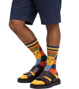 1 paires de chaussettes en coton Moutarde à l'effigie du Pharaon Toutankhamon chaussettes longues rayées 20S-TUTAN Bleu/Rouge/Or