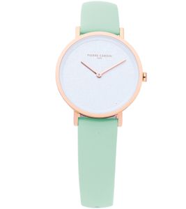 Pierre Cardin ladies' wristwatch with branded initials print, analogue quartz watch with leather strap 3ATM 31mm CBV.1511 pastel green/gold