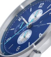 Pierre Cardin men's wristwatch with multi-dial and colored accents, analog quartz watch with stainless steel bracelet 3ATM 44mm CPI.2064 silver/blue