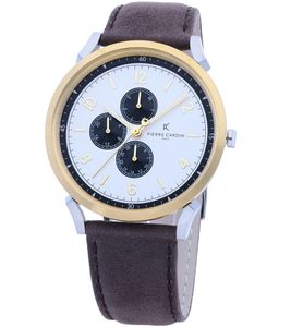 Pierre Cardin Herren Armband-Uhr mit Multi-Ziffernblatt analoge Quarz-Uhr mit Leder-Armband 3ATM 44mm CPI.2061 Braun/Gold/Silber