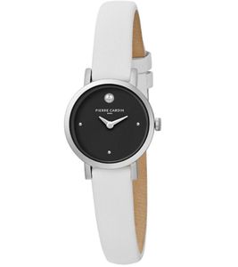 Reloj de pulsera de dos manecillas para mujer Pierre Cardin con esfera con detalles en círculos plateados, reloj analógico de cuarzo con correa de piel 3ATM 27 mm CCM.0505 Blanco/Negro/Plata