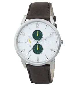 Pierre Cardin Herren Armband-Uhr mit Multi-Ziffernblatt analoge Quarz-Uhr mit Leder-Armband 3ATM 44mm CPI.2057 Silber/Braun/Grün