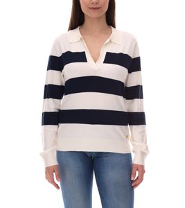 DELMAO Damen Sweatshirt gestreiftes Langarm-Shirt mit Polo-Kragen Longsleeve 40843715 Weiß/Navy
