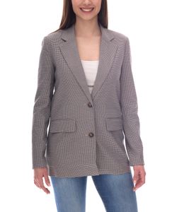DELMAO Chaqueta de traje para mujer con cuello de solapa, chaqueta de negocios a cuadros 55782465 gris/azul/blanco