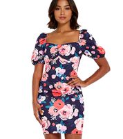 Vestido de verano para mujer con estampado floral integral, minivestido con mangas abullonadas, vestido casual 931070 Azul/Multicolor