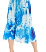 Women's Summer Jersey Dress in an All-Over Batik Design with Pompoms and Ruffles, 925122 Blue