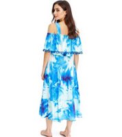 Women's Summer Jersey Dress in an All-Over Batik Design with Pompoms and Ruffles, 925122 Blue