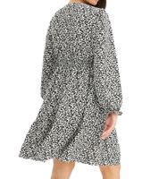 nachhaltiges Damen Mini-Kleid abstrakt bedrucktes Sommer-Kleid mit V-Ausschnitt Langarm-Kleid 910177 Schwarz/Hellbeige