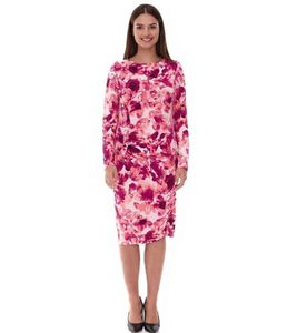 Fitted Women's Midi Dress, Summer Dress with Floral Print and Side Gathers, 928586 Pink